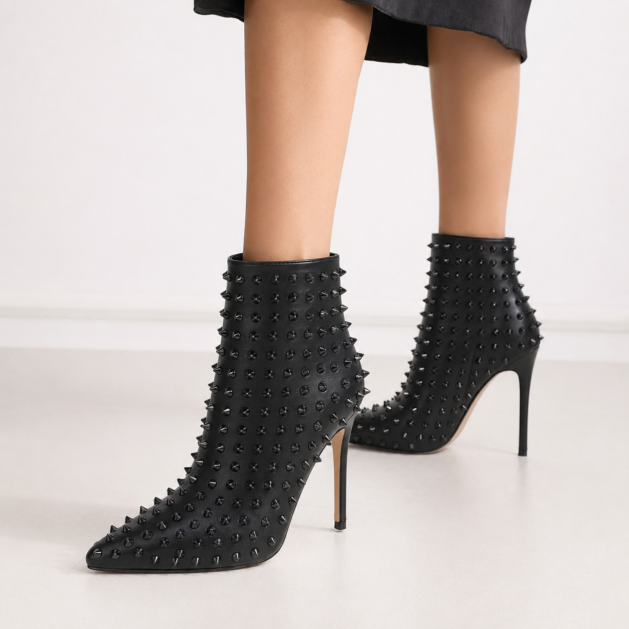 Women's Rhinestone Ankle Boots with Rivets Closed Pointed Toe Stilettos Autumn Warm Dress Booties