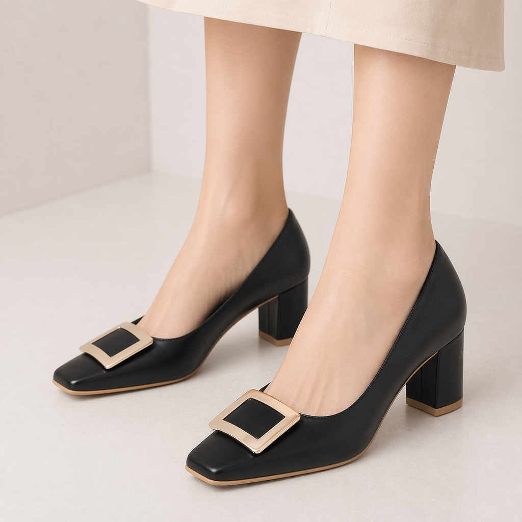 Women's Closed Square Toe Chunky Heels Slip on Comfortable Business Party Dress Pumps Shoes with Metal Buckle Black