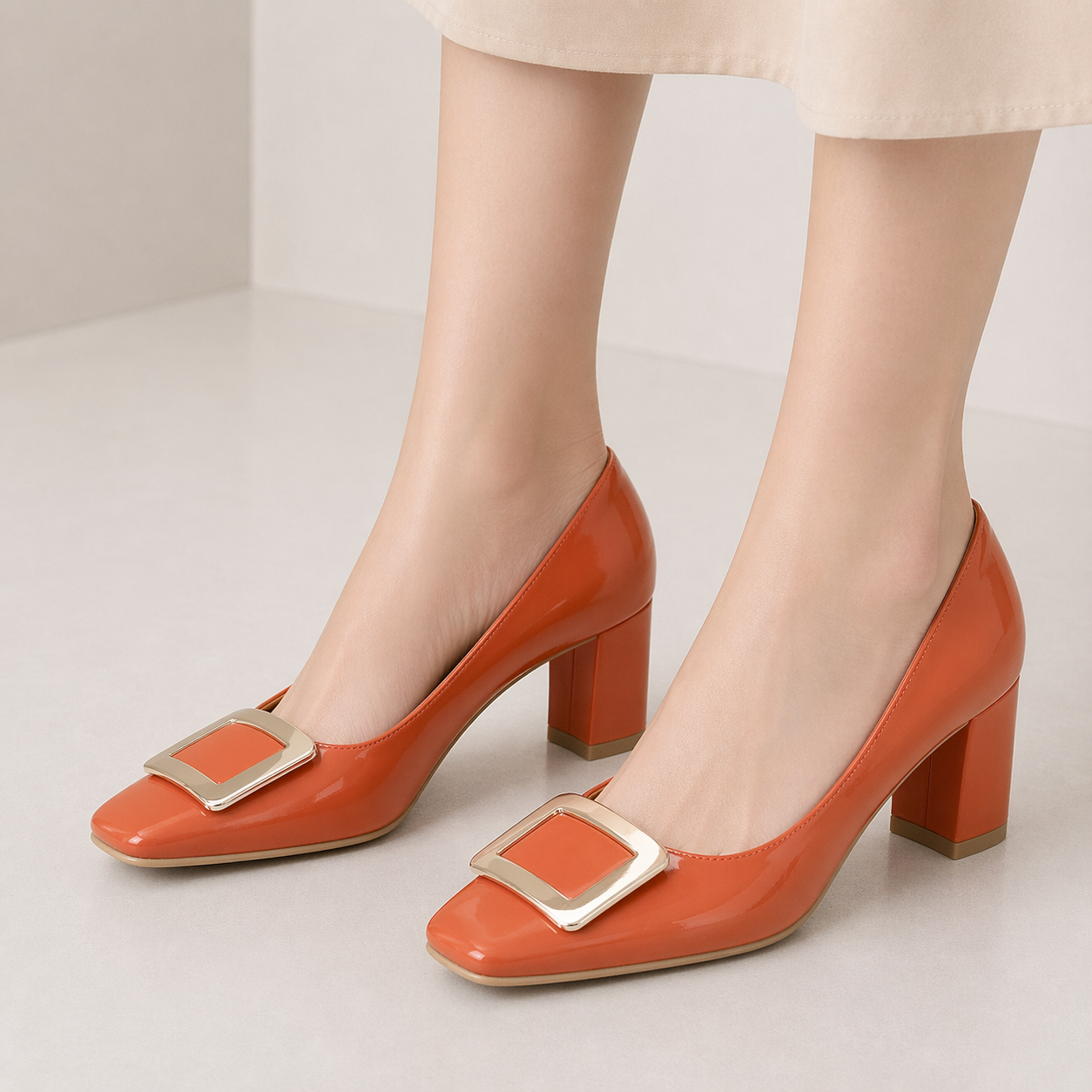 Women's Closed Square Toe Chunky Heels Slip on Comfortable Business Party Dress Pumps Shoes with Metal Buckle Orange