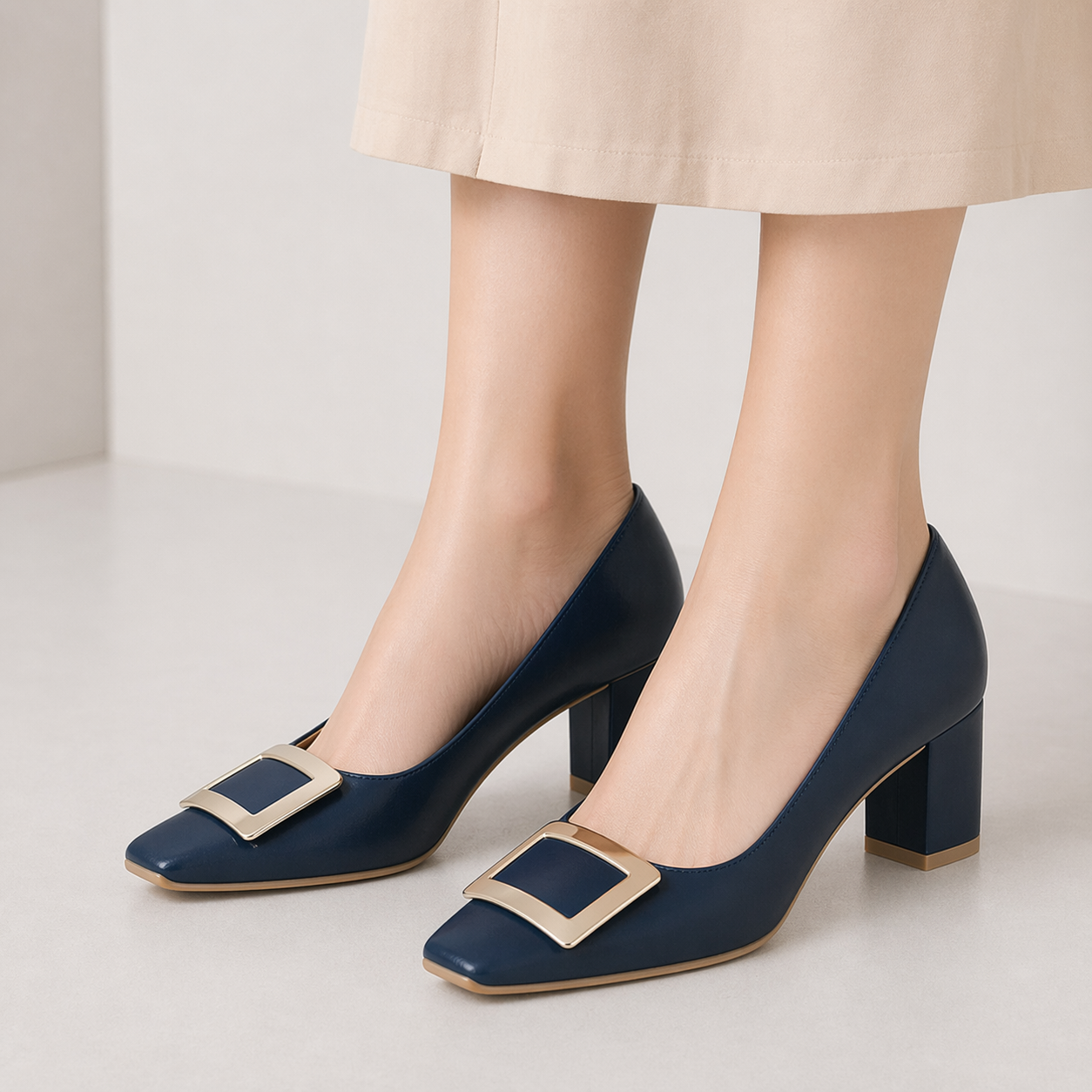 Women's Closed Square Toe Chunky Heels Slip on Comfortable Business Party Dress Pumps Shoes with Metal Buckle Navy