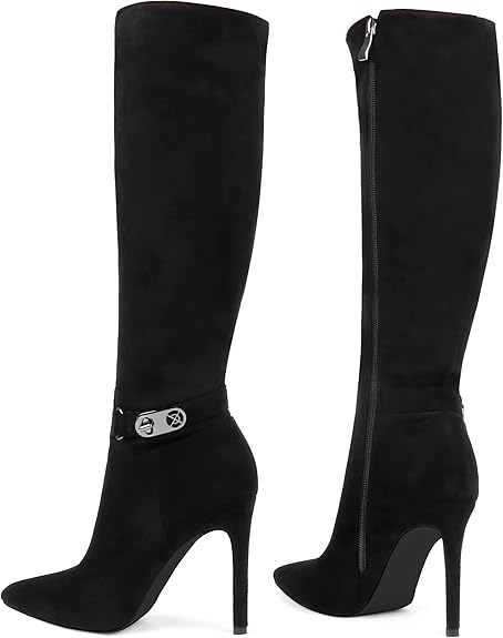 Women's Knee High Boots Pointed Toe Stiletto Buckle Dress Boots Slouch Zipper Heeled Boots