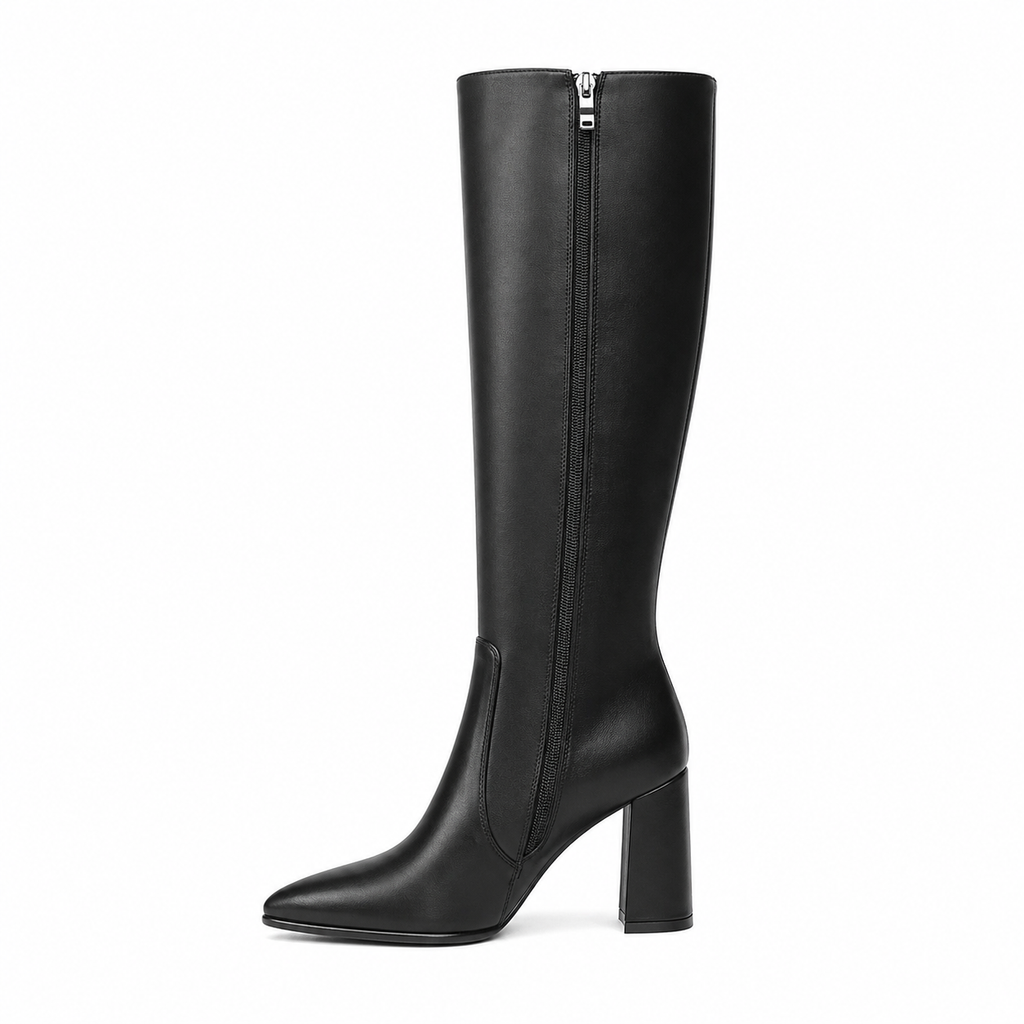 Women's Knee High Boots Pointed Toe Chunky Gogo Boots Zipper Block Heeled Tall Dress Boots