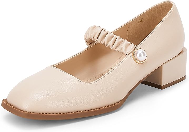 Women's Mary Jane Shoes Uniform Dress Shoes Square Toe Ankle Strap Chunky Heel Pumps Shoes Nude
