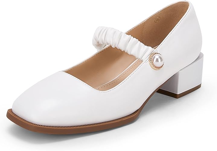 Women's Mary Jane Shoes Uniform Dress Shoes Square Toe Ankle Strap Chunky Heel Pumps Shoes White