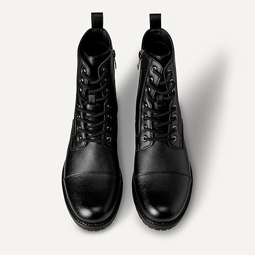 Cap Toe Lace Up Combat Boots for Men, Side Zipper Durable Daily Footwear