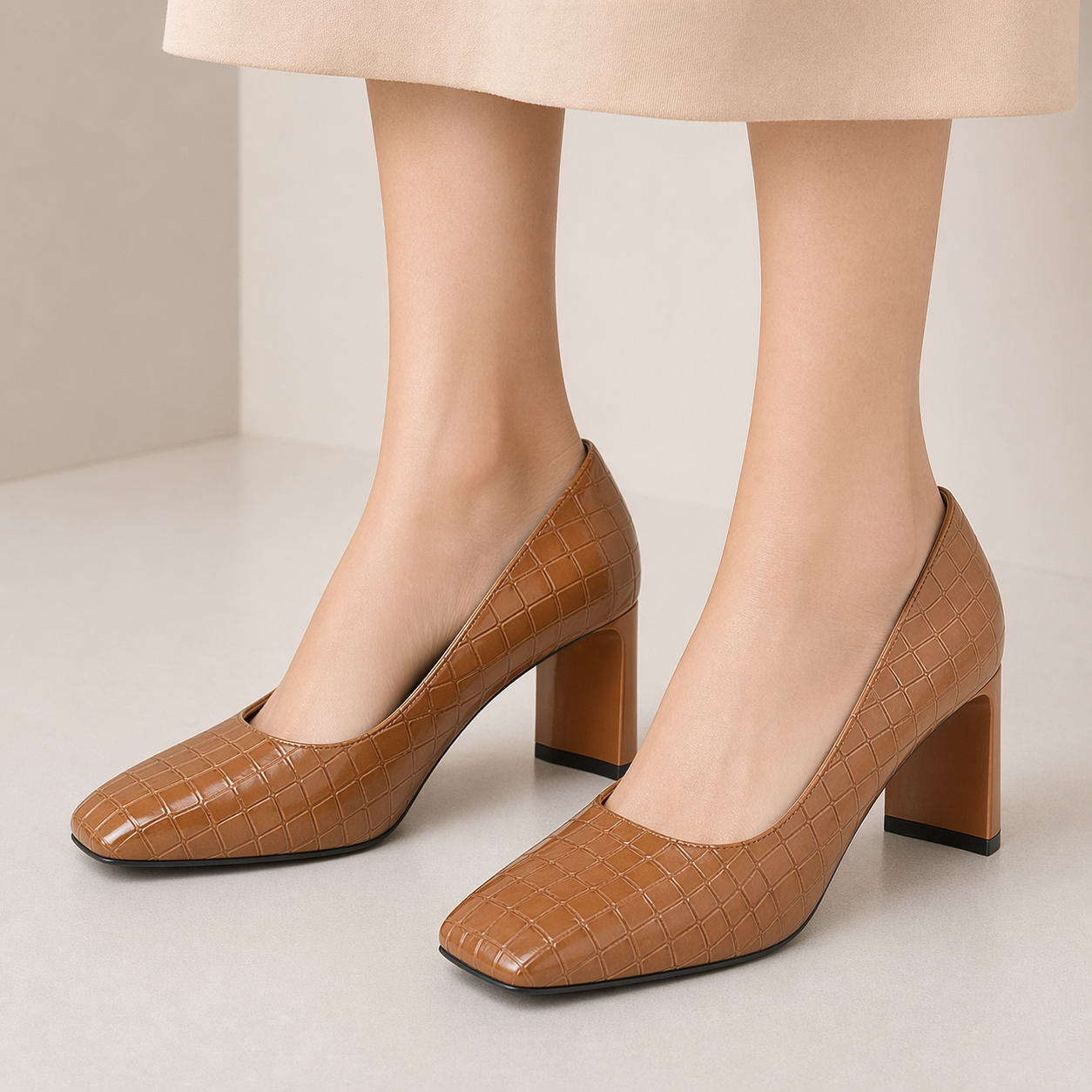 Women's Slip-on Pumps Chunky Low Block Heels Square Toe Dress Office Shoes Brown