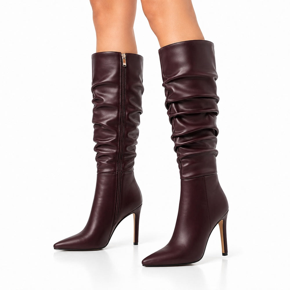 Women's Knee High Boots Pointed Toe Stiletto Buckle Dress Boots Slouch Zipper Heeled Boots