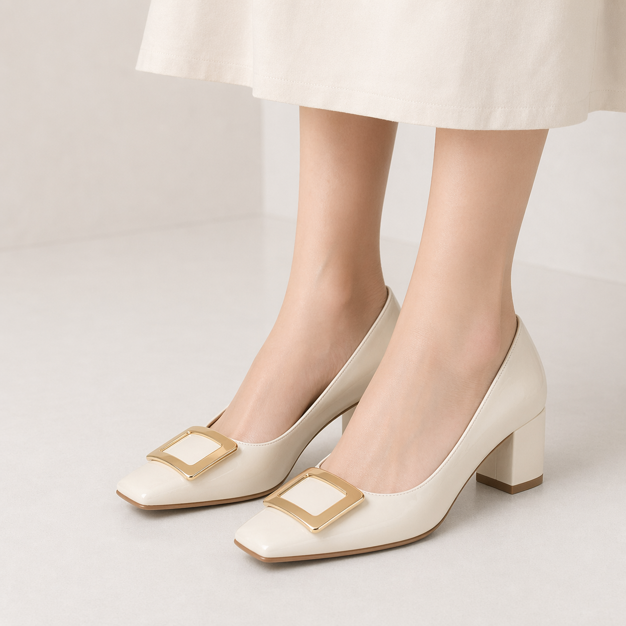 Women's Closed Square Toe Chunky Heels Slip on Comfortable Business Party Dress Pumps Shoes with Metal Buckle Cream