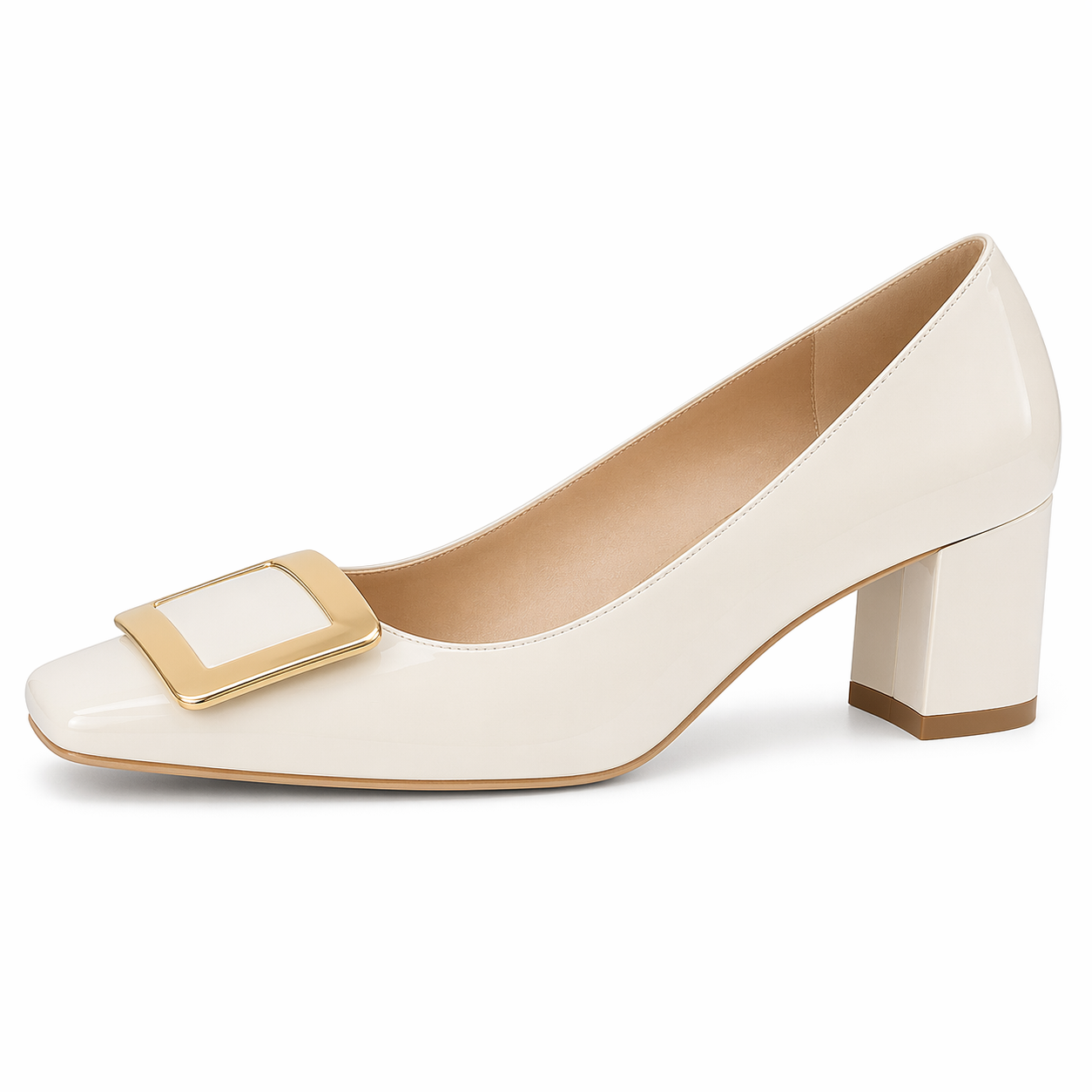 Women's Closed Square Toe Chunky Heels Slip on Comfortable Business Party Dress Pumps Shoes with Metal Buckle Cream