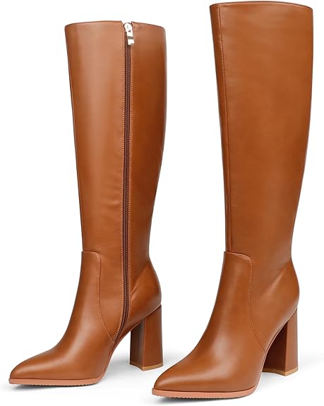 Women's Knee High Boots Pointed Toe Chunky Gogo Boots Zipper Block Heeled Tall Dress Boots