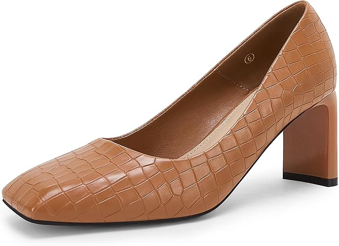 Women's Slip-on Pumps Chunky Low Block Heels Square Toe Dress Office Shoes Brown