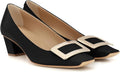 Women's Closed Square Toe Chunky Heels Slip on Comfortable Business Party Dress Pumps Shoes with Metal Buckle Black