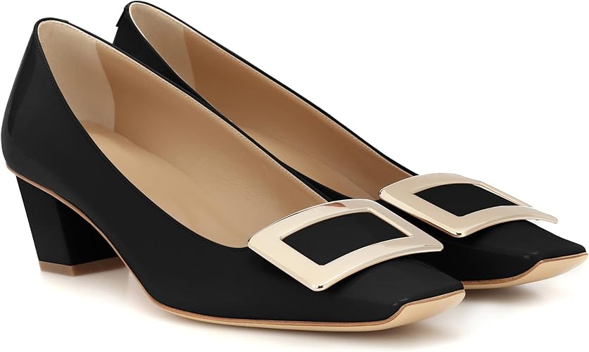 Women's Closed Square Toe Chunky Heels Slip on Comfortable Business Party Dress Pumps Shoes with Metal Buckle Black