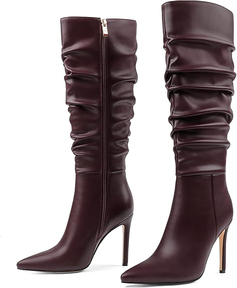 Women's Knee High Boots Pointed Toe Stiletto Buckle Dress Boots Slouch Zipper Heeled Boots