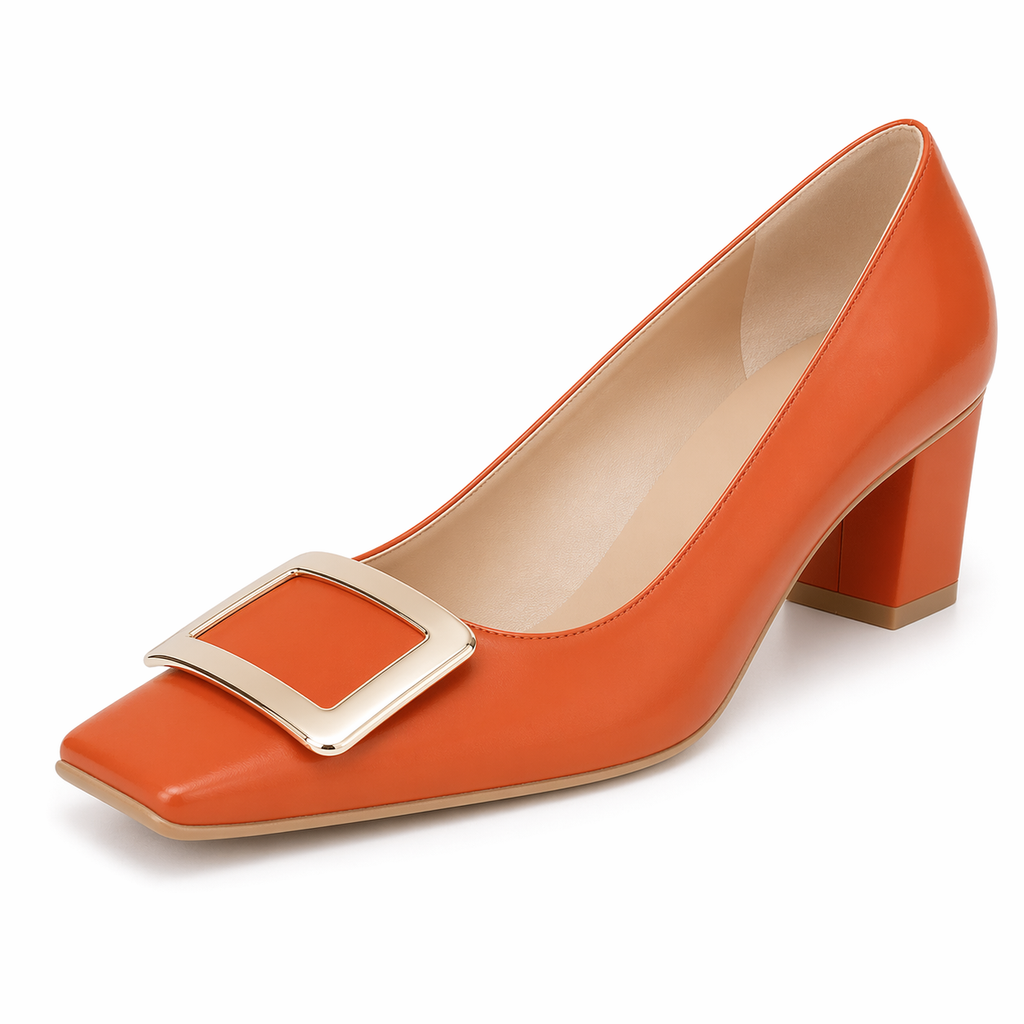 Women's Closed Square Toe Chunky Heels Slip on Comfortable Business Party Dress Pumps Shoes with Metal Buckle Orange