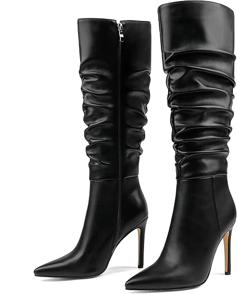 Women's Knee High Boots Pointed Toe Stiletto Buckle Dress Boots Slouch Zipper Heeled Boots