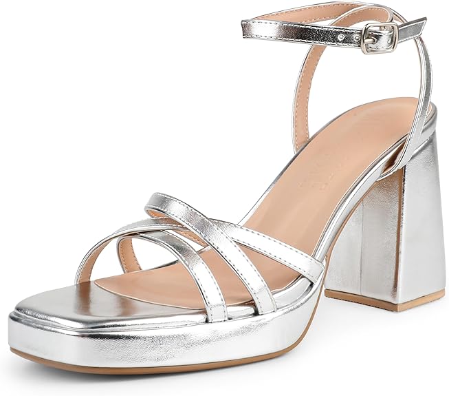 Women's Strappy Heels Square Open Toe Chunky Block Heels Ankle Strap Sandals Shoes for Wedding Party