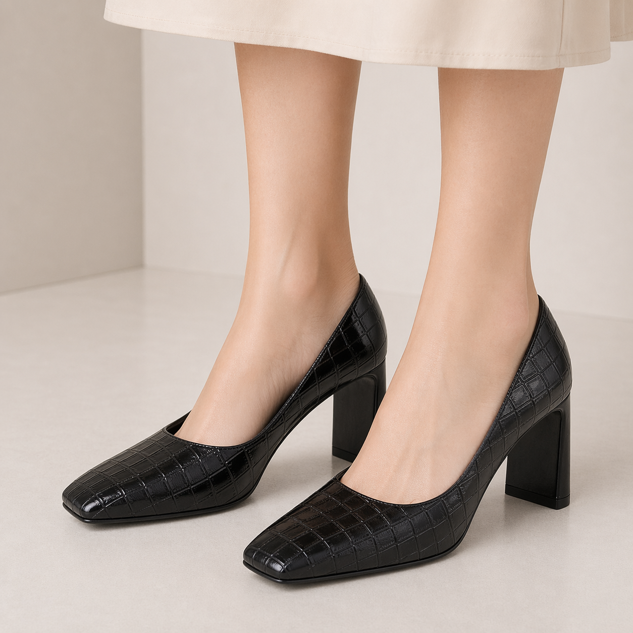 Women's Closed Square Toe Heels Chunky Low Block Heel Slip-on Party Office Dress Pumps Shoes Black