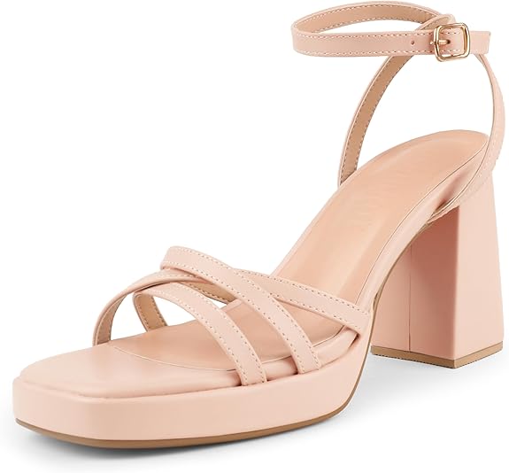 Women's Strappy Heels Square Open Toe Chunky Block Heels Ankle Strap Sandals Shoes for Wedding Party