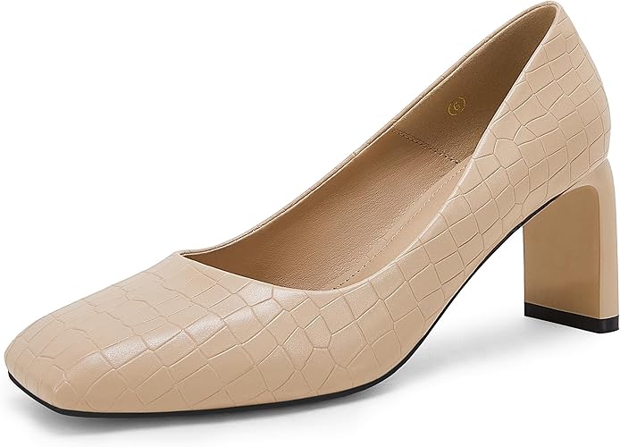 Women's Closed Square Toe Heels Chunky Low Block Heel Slip-on Party Office Dress Pumps Shoes Khaki