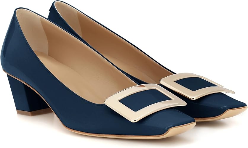 Women's Closed Square Toe Chunky Heels Slip on Comfortable Business Party Dress Pumps Shoes with Metal Buckle Navy