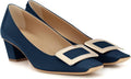 Women's Closed Square Toe Chunky Heels Slip on Comfortable Business Party Dress Pumps Shoes with Metal Buckle Navy
