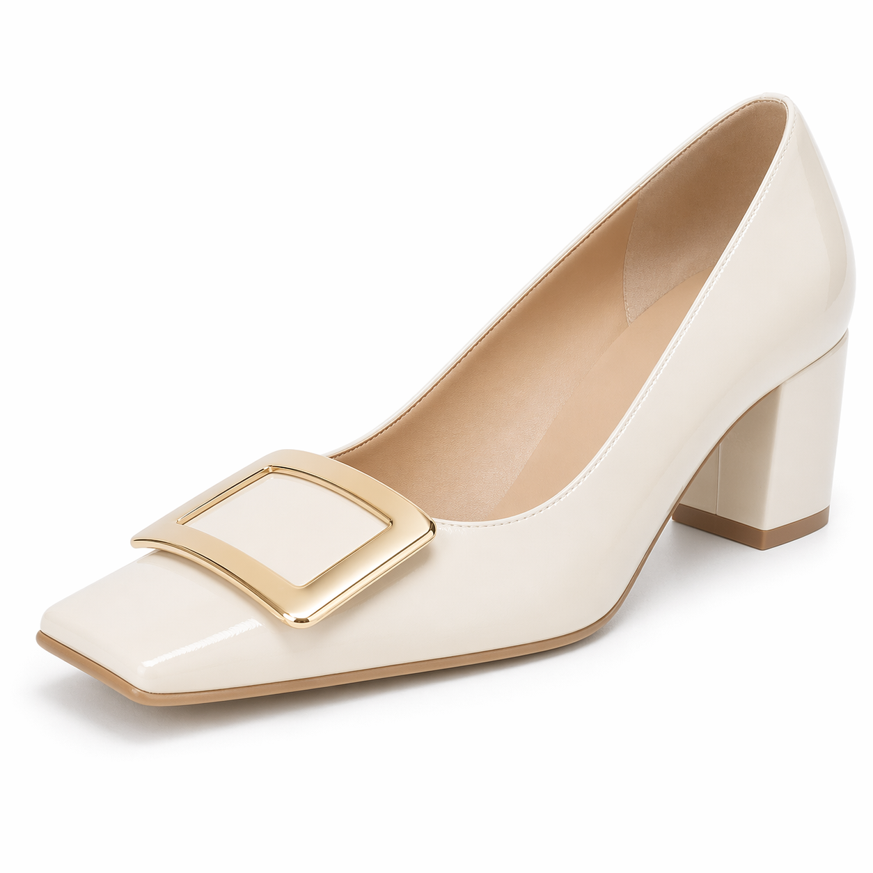 Women's Closed Square Toe Chunky Heels Slip on Comfortable Business Party Dress Pumps Shoes with Metal Buckle Cream