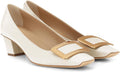Women's Closed Square Toe Chunky Heels Slip on Comfortable Business Party Dress Pumps Shoes with Metal Buckle Cream