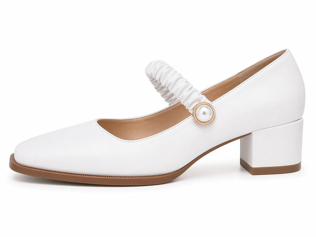 Women's Mary Jane Shoes Uniform Dress Shoes Square Toe Ankle Strap Chunky Heel Pumps Shoes White