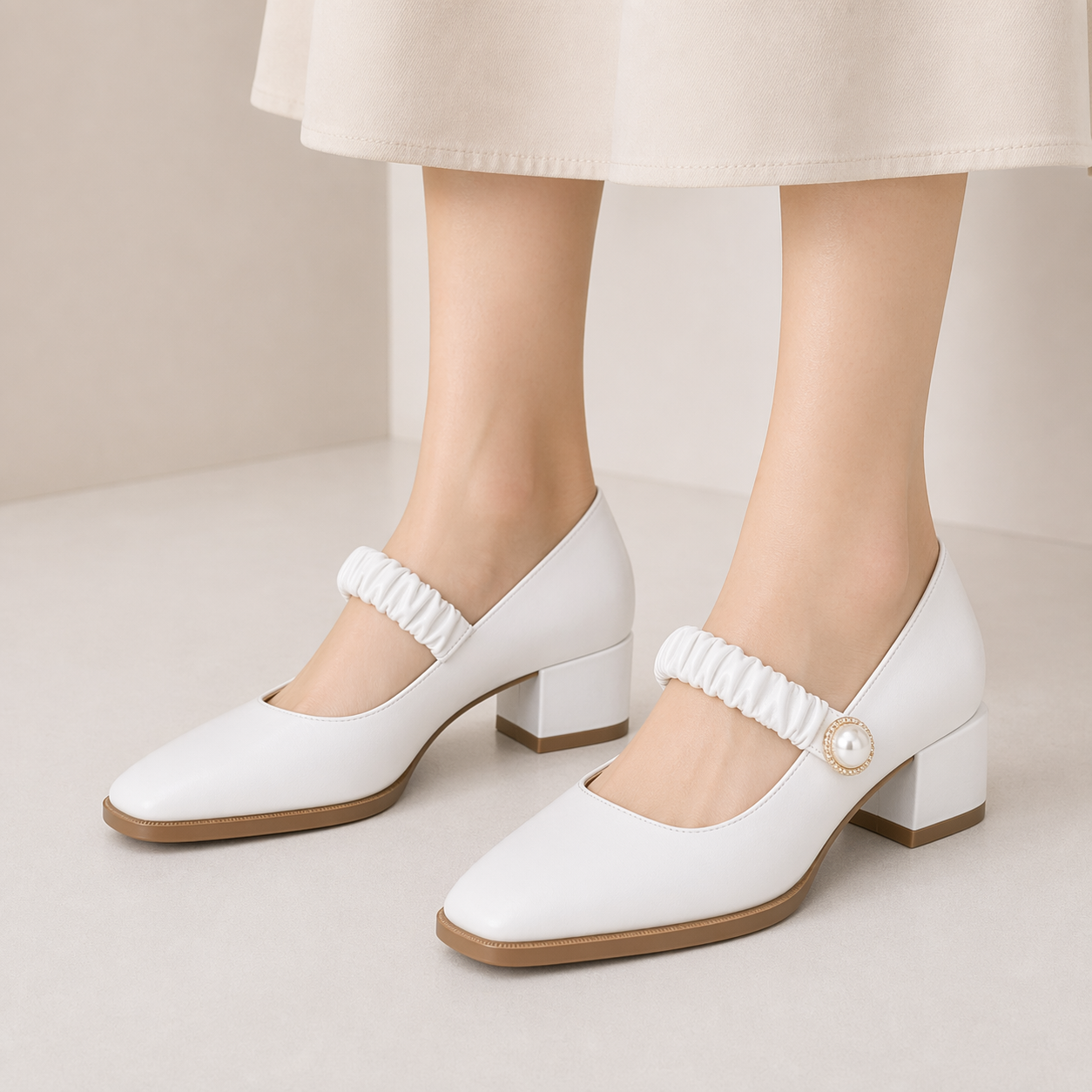 Women's Mary Jane Shoes Uniform Dress Shoes Square Toe Ankle Strap Chunky Heel Pumps Shoes White