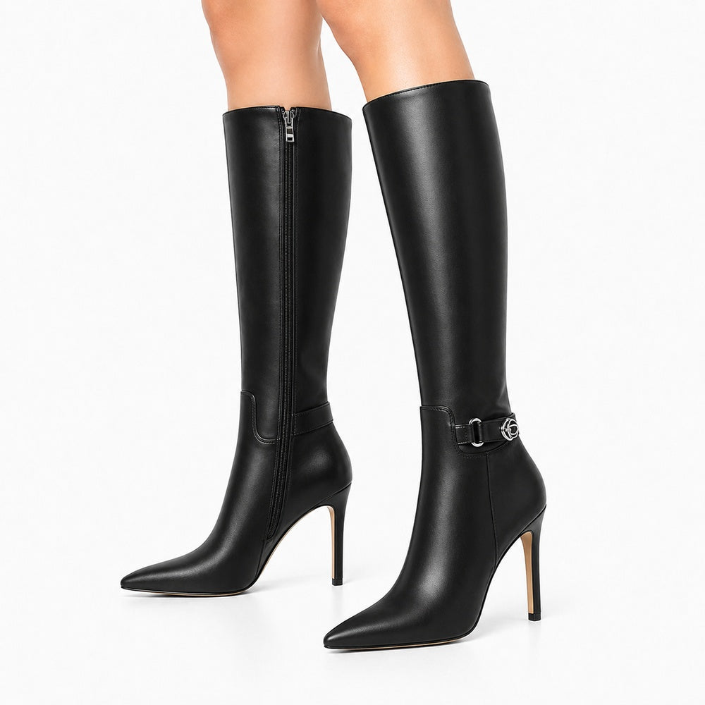Women's Knee High Boots Pointed Toe Stiletto Buckle Dress Boots Slouch Zipper Heeled Boots