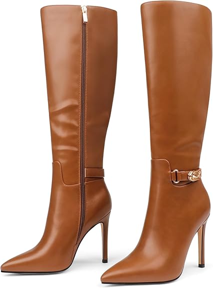 Women's Knee High Boots Pointed Toe Stiletto Buckle Dress Boots Slouch Zipper Heeled Boots