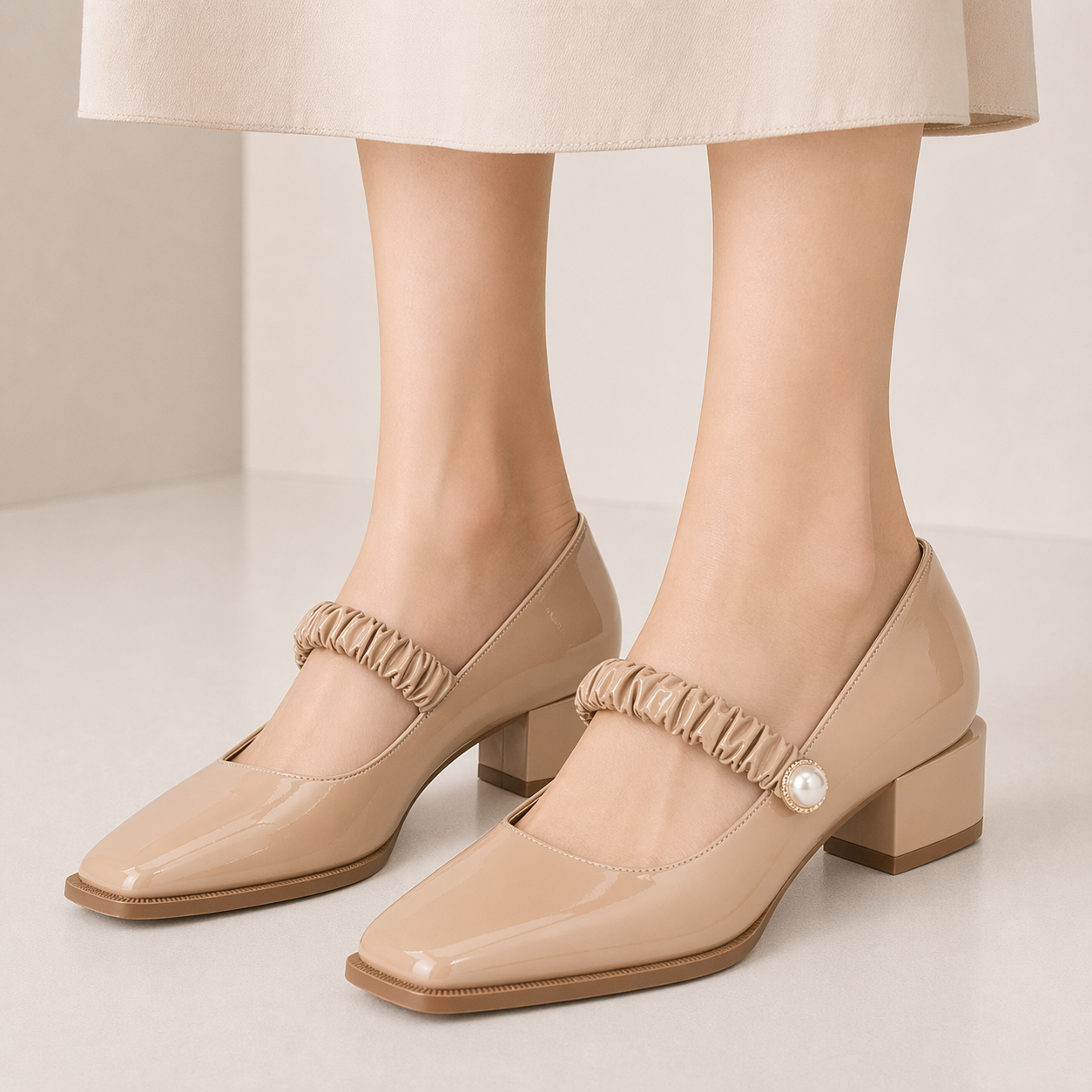 Women's Mary Jane Shoes Uniform Dress Shoes Square Toe Ankle Strap Chunky Heel Pumps Shoes Khaki
