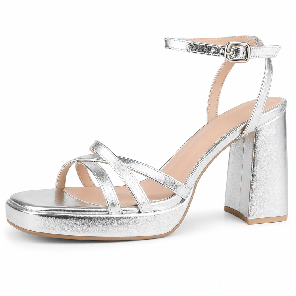 Women's Strappy Heels Square Open Toe Chunky Block Heels Ankle Strap Sandals Shoes for Wedding Party