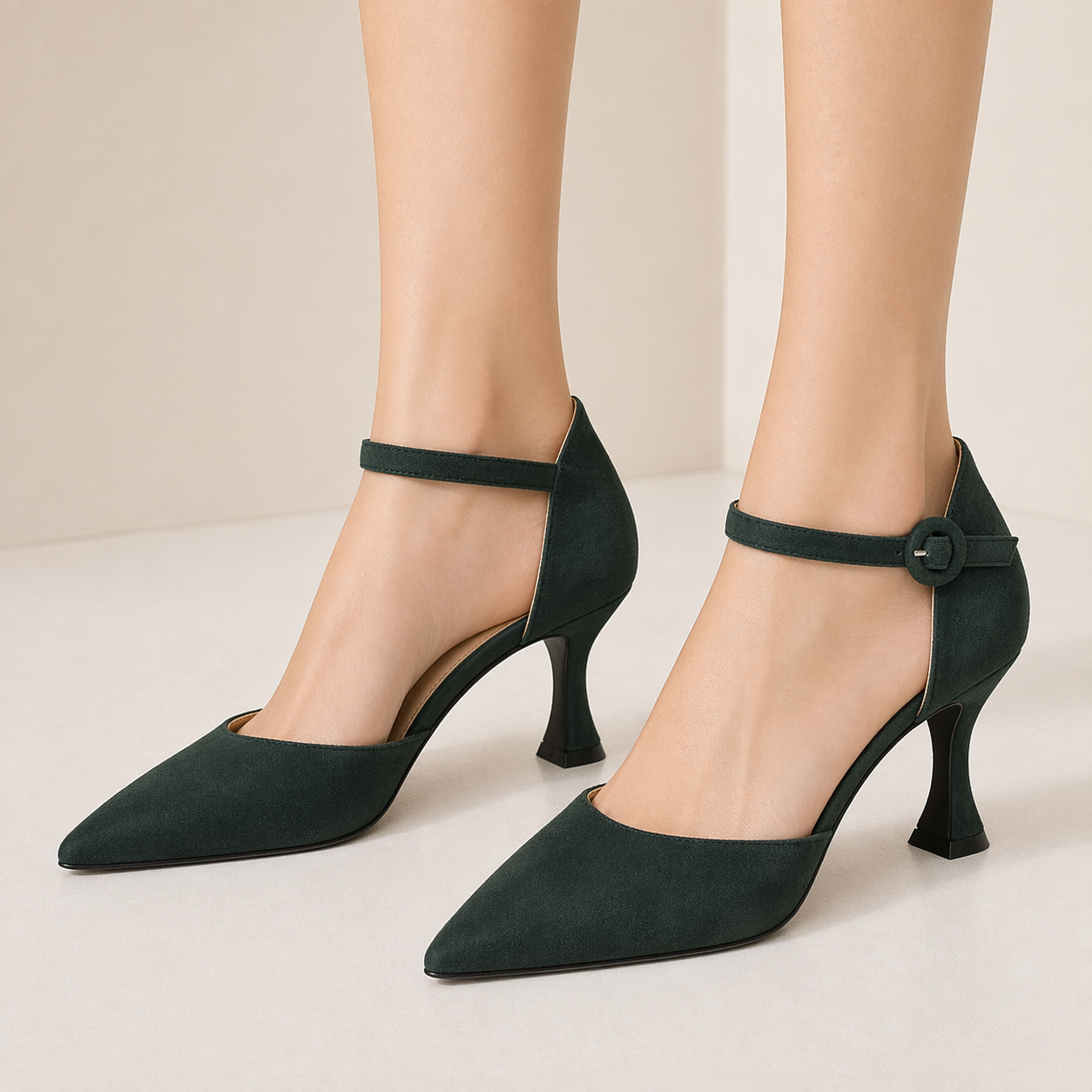 Women's Closed Toe Kitten Heels Ankle Strap Suede Elegant Office Party Dress Pump Shoes