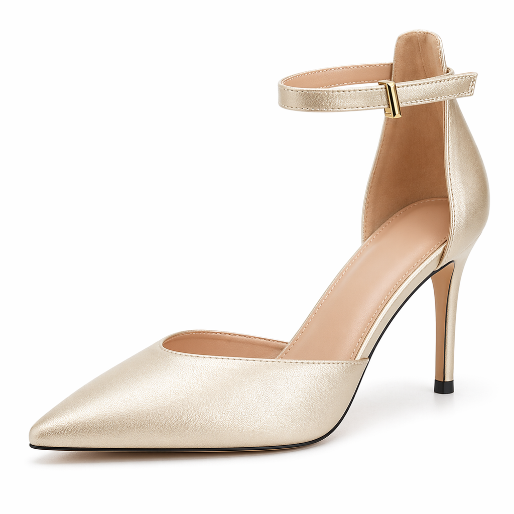 Women's Closed Toe Heels Pointed Toe Ankle Strap Stiletto Wedding Party Office Dress Pumps Shoes Gold