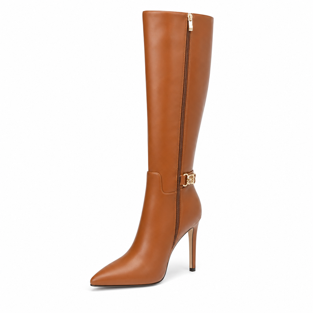 Women's Knee High Boots Pointed Toe Stiletto Buckle Dress Boots Slouch Zipper Heeled Boots