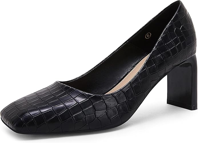Women's Closed Square Toe Heels Chunky Low Block Heel Slip-on Party Office Dress Pumps Shoes Black