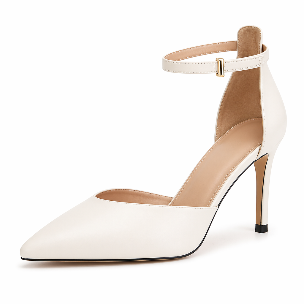 Women's Closed Toe Heels Pointed Toe Ankle Strap Stiletto Wedding Party Office Dress Pumps Shoes Cream