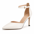 Women's Closed Toe Heels Pointed Toe Ankle Strap Stiletto Wedding Party Office Dress Pumps Shoes Cream