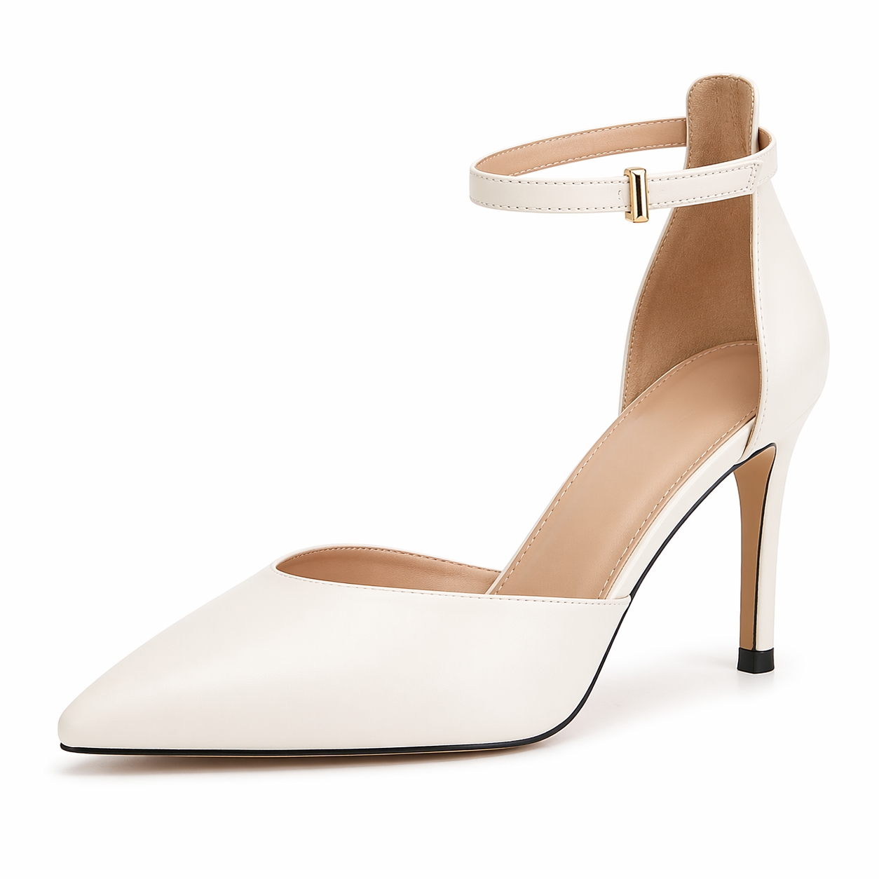 Women's Closed Toe Heels Pointed Toe Ankle Strap Stiletto Wedding Party Office Dress Pumps Shoes Cream