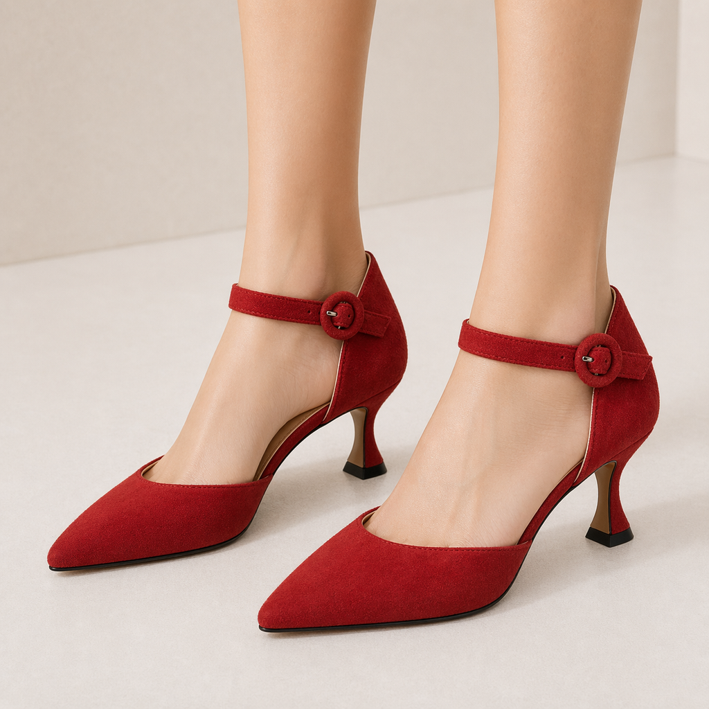 Women's Closed Toe Kitten Heels Ankle Strap Suede Elegant Office Party Dress Pump Shoes