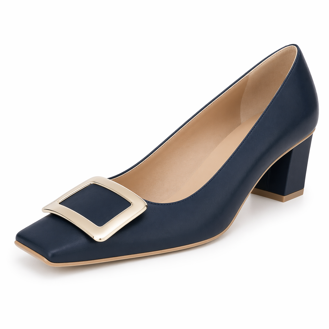 Women's Closed Square Toe Chunky Heels Slip on Comfortable Business Party Dress Pumps Shoes with Metal Buckle Navy