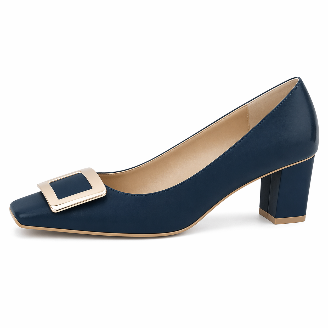 Women's Closed Square Toe Chunky Heels Slip on Comfortable Business Party Dress Pumps Shoes with Metal Buckle Navy