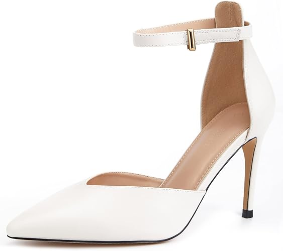 Women's Closed Toe Heels Pointed Toe Ankle Strap Stiletto Wedding Party Office Dress Pumps Shoes Cream