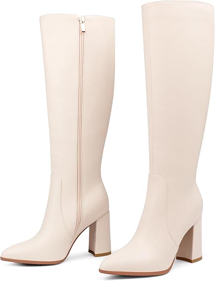Women's Knee High Boots Pointed Toe Chunky Gogo Boots Zipper Block Heeled Tall Dress Boots