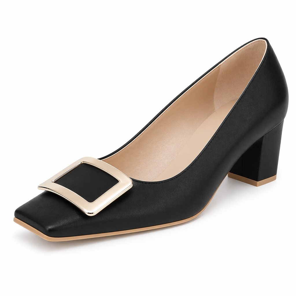 Women's Closed Square Toe Chunky Heels Slip on Comfortable Business Party Dress Pumps Shoes with Metal Buckle Black