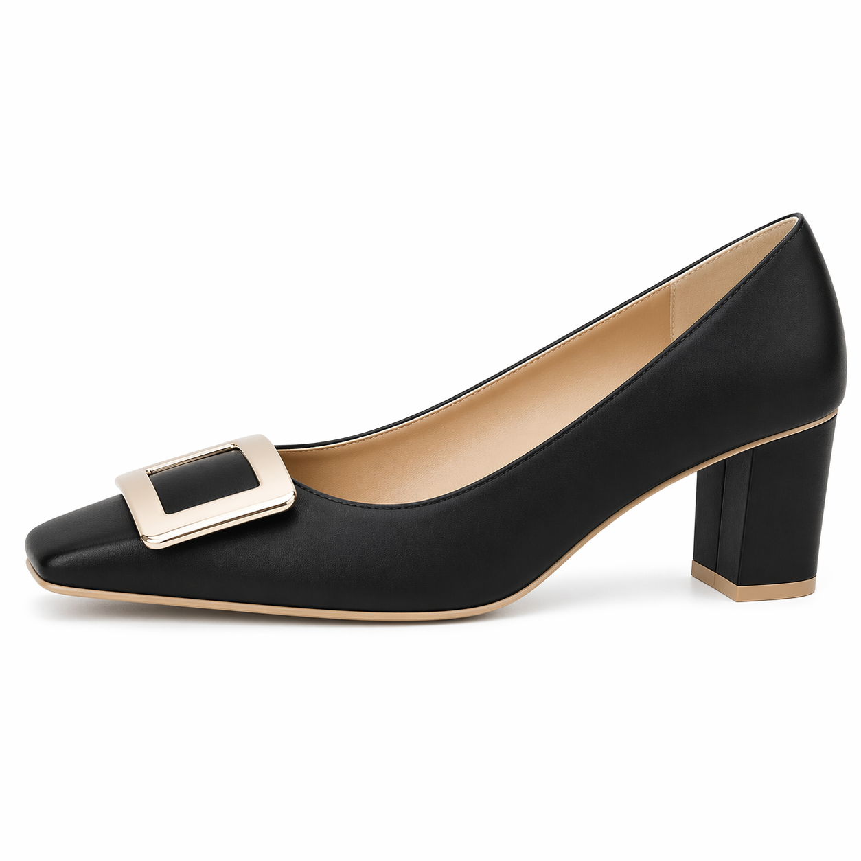 Women's Closed Square Toe Chunky Heels Slip on Comfortable Business Party Dress Pumps Shoes with Metal Buckle Black