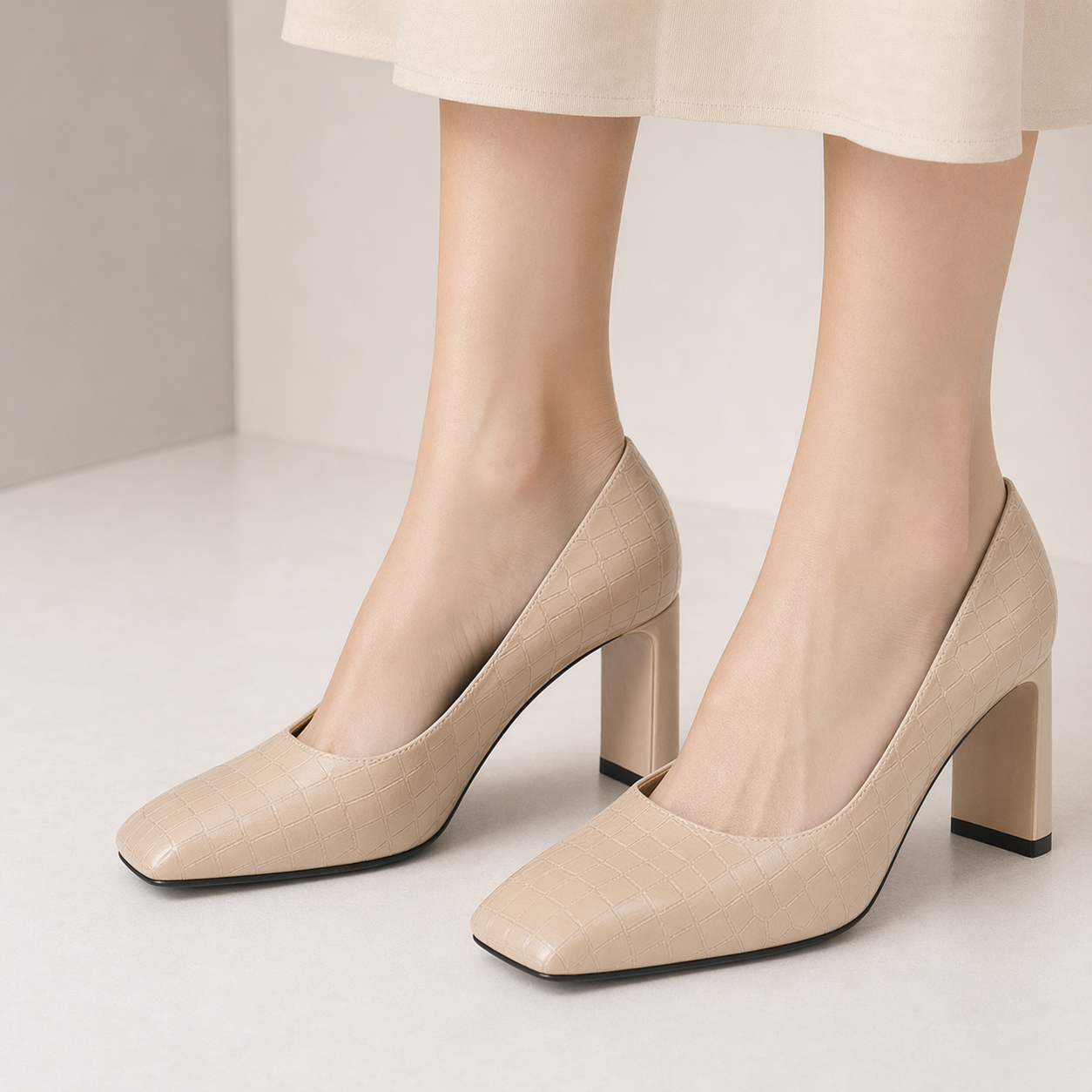 Women's Closed Square Toe Heels Chunky Low Block Heel Slip-on Party Office Dress Pumps Shoes Khaki
