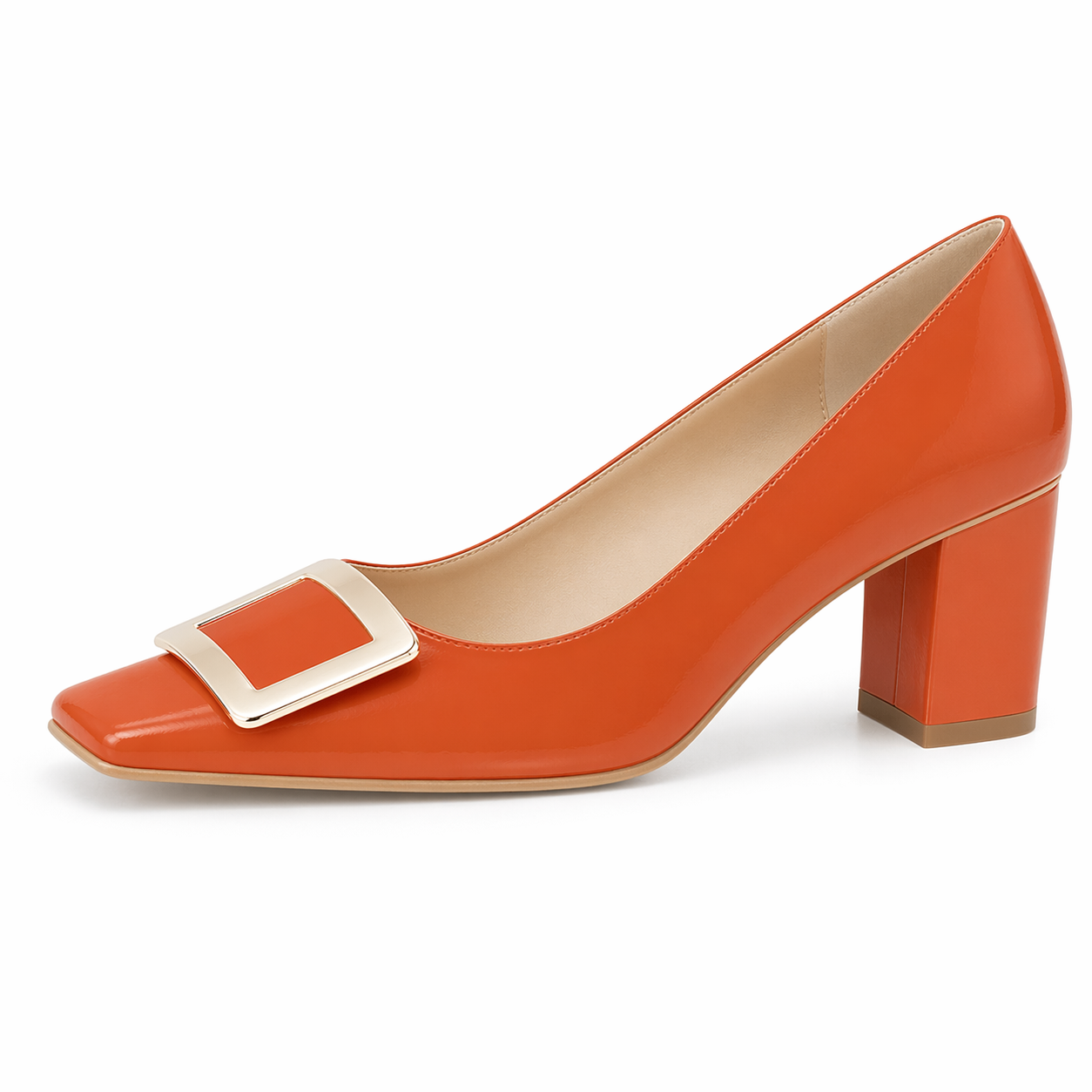 Women's Closed Square Toe Chunky Heels Slip on Comfortable Business Party Dress Pumps Shoes with Metal Buckle Orange